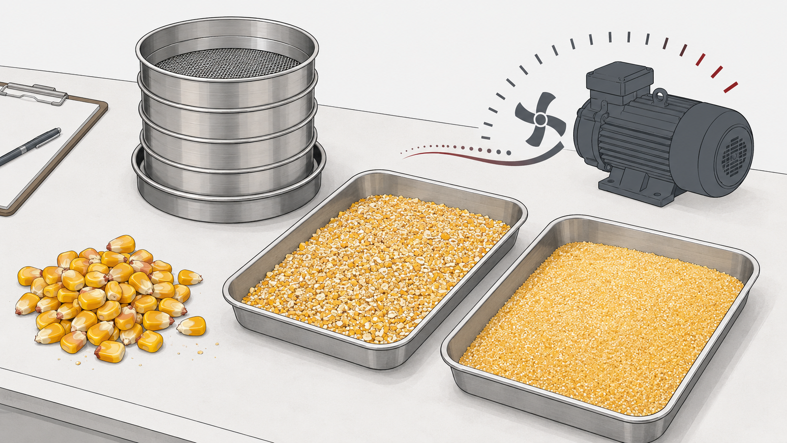 Editorial illustration of whole corn, coarse and fine ground samples, laboratory sieves and an electric motor.